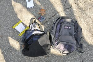 A pair of backpacks on a street in Watertown, Massachusetts, in a photo presented as evidence at trial.