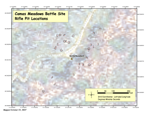 Map showing the locations of the rifle pits at "the Frying Pan" in Camas Meadows.