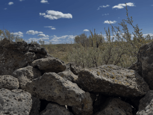 View of the battlefield from about eight inches off the ground, over the rocks piled by the soldiers.