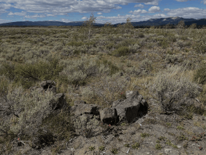 Image of a half-circle of stones. The open side of the rifle pit backs into a small drainage that gave soldiers a means of getting into or out of the pit without being exposed to fire from the Nez Perce warriors.